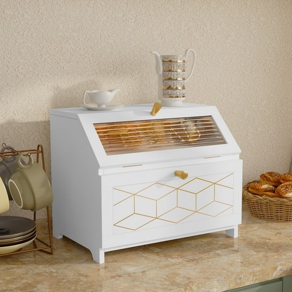 CBJCBJ 15.1" Gold-Trimmed Wooden Bread Box, 2-Tier Countertop Organizer, Retro Farmhouse Pantry Decor , White