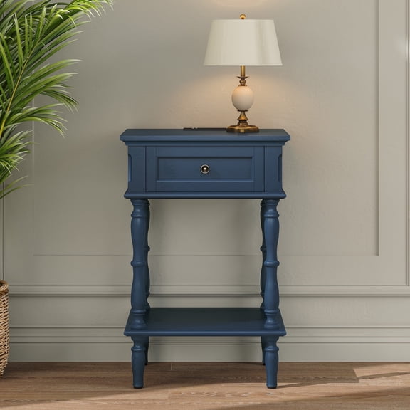 CBJCBJ 17" Modern Minimal Assembly Nightstands, Side Table with Drawer and Socket, for Bedroom, Living Room,Blue