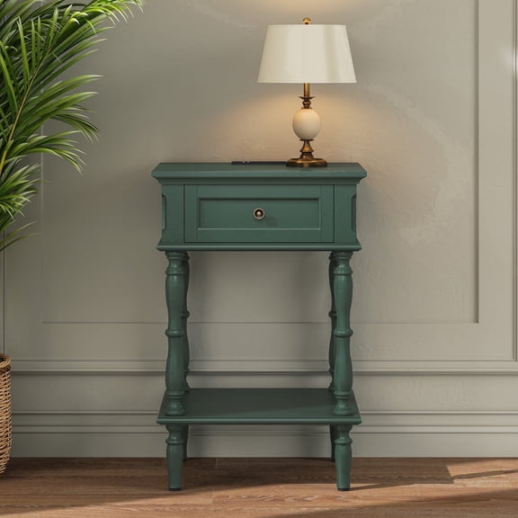 CBJCBJ 17" Modern Minimal Assembly Nightstands, Side Table with Drawer and Socket, for Bedroom, Living Room,Green