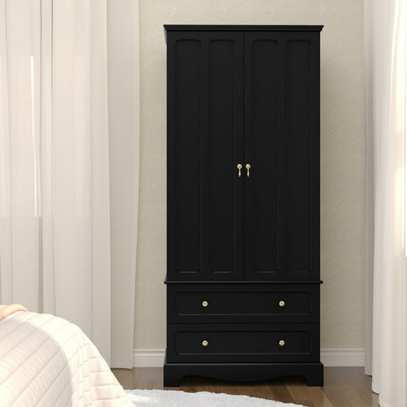 CBJCBJ 72" Wooden Armoire Wardrobe | Large Capacity Bedroom Clothing Storage Cabinets With 2 Drawers and 2 Doors + Clothes Hanging Rod | Bedroom Clothing Armoires Black