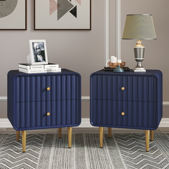CBJCBJ Modern Bedroom Nightstand Set of 2, 20-Inch Wood Bedside Table with 2 Drawers and Gold Handles, BLUE