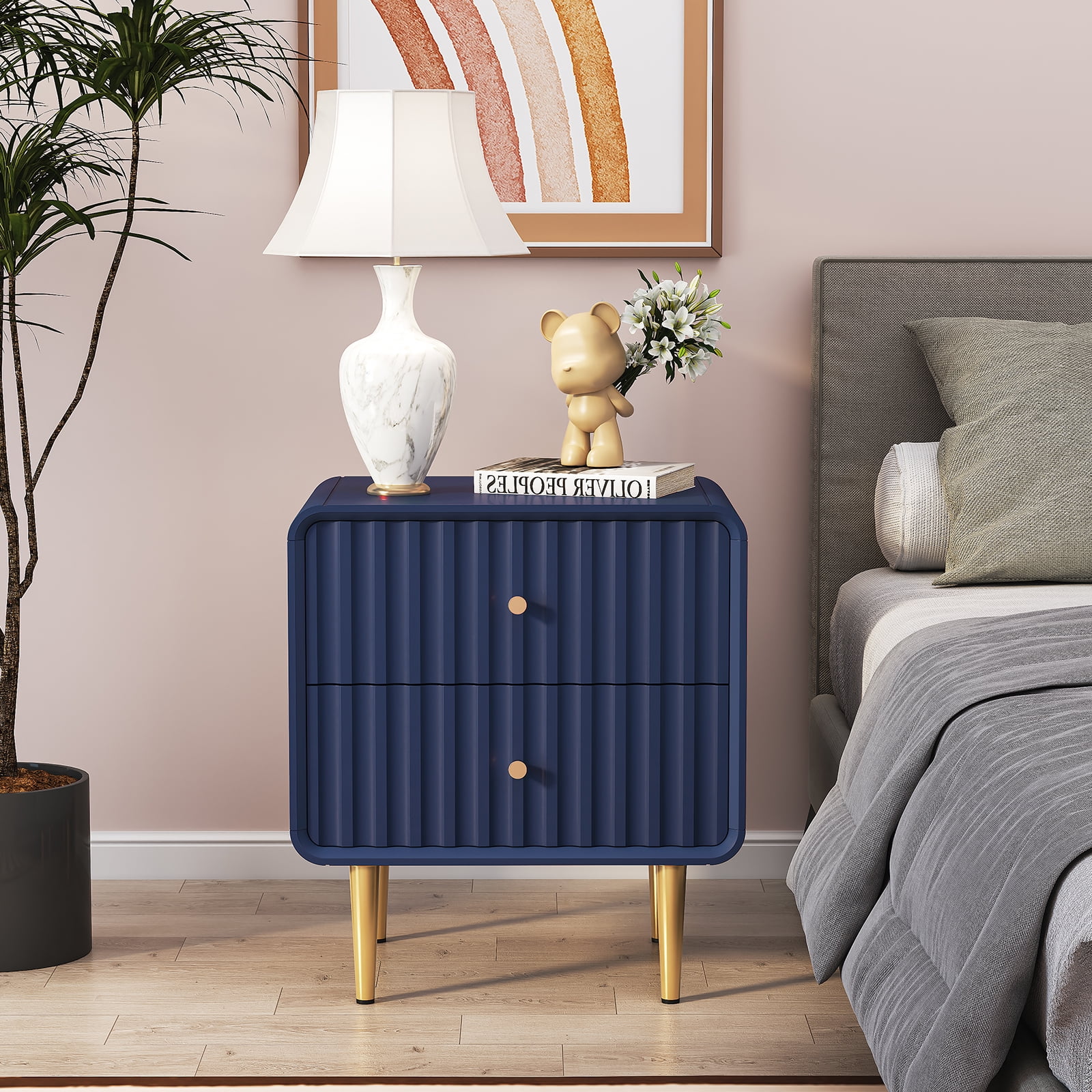 CBJCBJ 20" Modern Fluted Nightstand Set of 1, White Wood Bedside Table with 2 Drawers & Gold Metal Handles（BLUE)