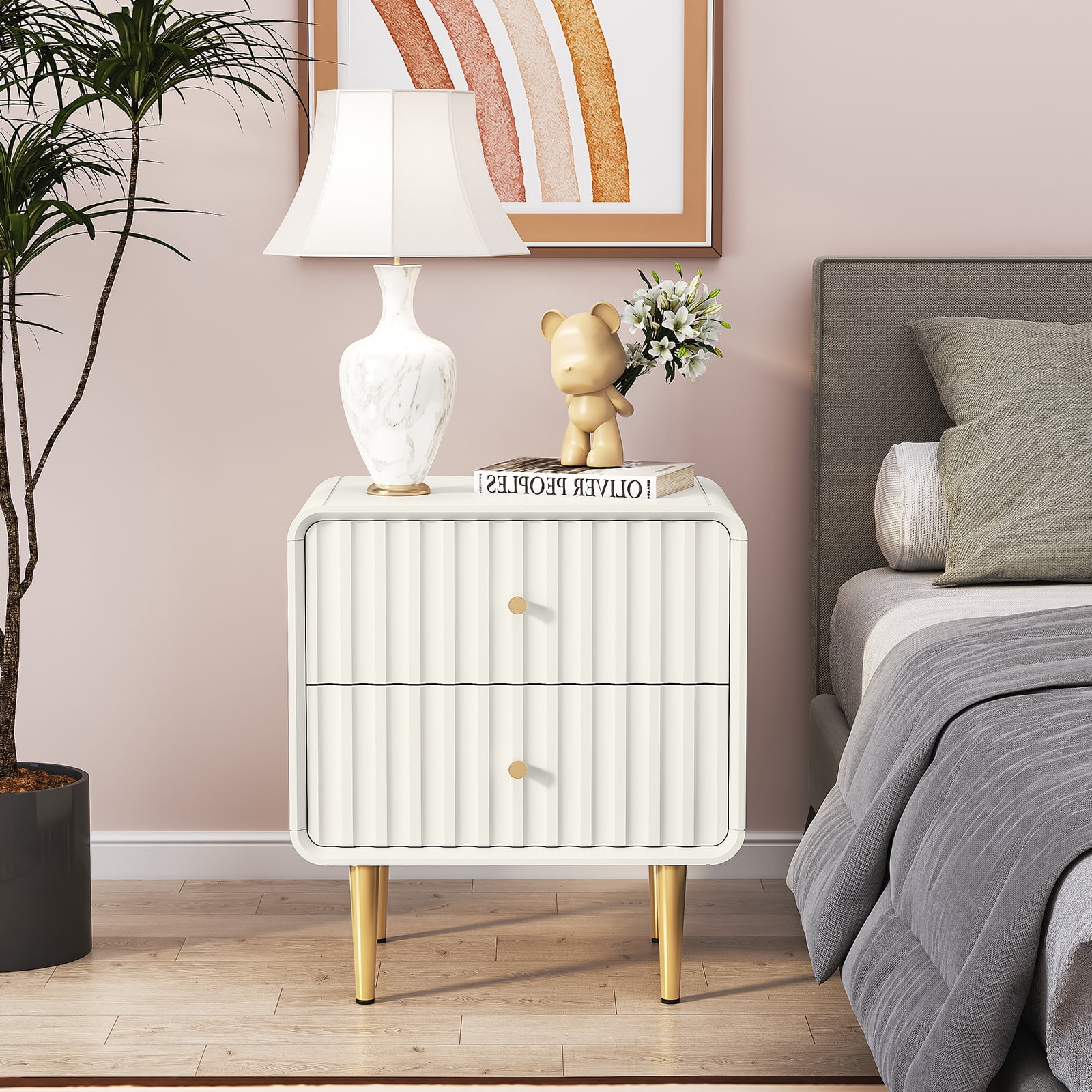 CBJCBJ 20" Modern Fluted Nightstand Set of 1, White Wood Bedside Table with 2 Drawers & Gold Metal Handles（White）