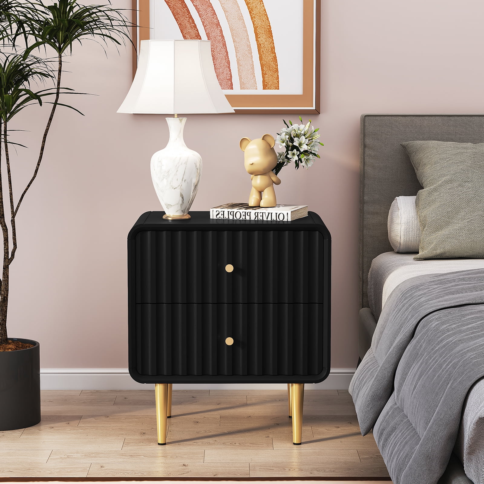 CBJCBJ 20" Modern Fluted Nightstand Set of 1, black Wood Bedside Table with 2 Drawers & Gold Metal Handles（Black）