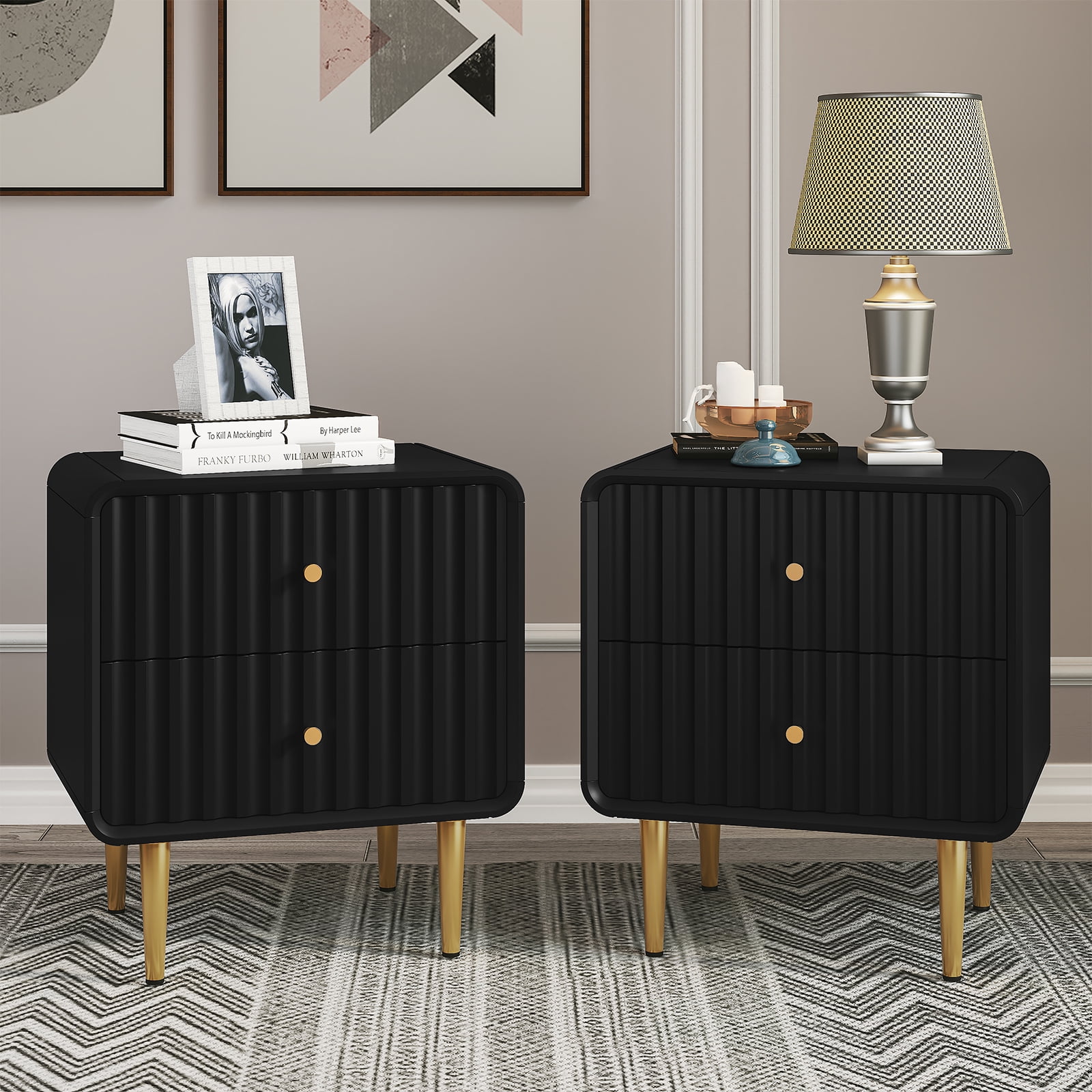 CBJCBJ Modern Bedroom Nightstand Set of 2, 20-Inch Wood Bedside Table with 2 Drawers and Gold Handles, Black