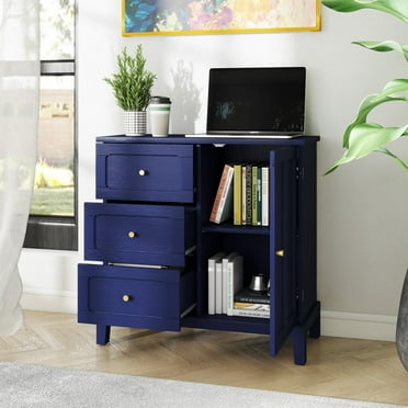 CBJCBJ 31.7"Storage Cabinet, Classical 3 Drawers & 1 Door Design with Gold-Tone Handles,  Multi-Use Organizer for Living Room, Kitchen, Bathroom（BLUE)
