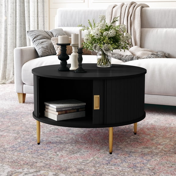 CBJCBJ 31" Modern Round Coffee Table with Sliding Door Storage, Center Table for Living Room, Black