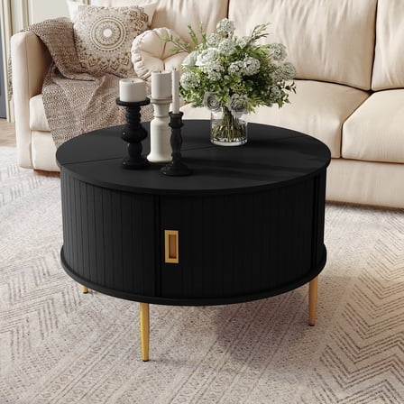 CBJCBJ 31" Modern Round Coffee Table with Sliding Door Storage, Center Table for Living Room, Black