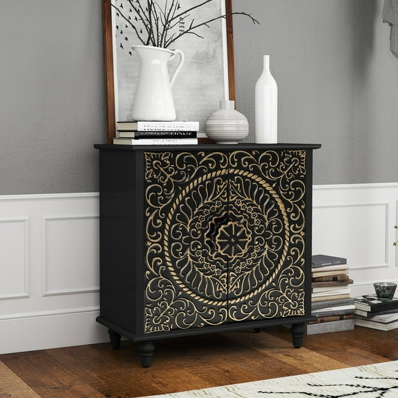 CBJCBJ 32" Rustic Accent Cabinet, 2 Gold Floral Doors, Vintage Sideboard with Shelves, Wood Entryway Cabinet for Living, Black