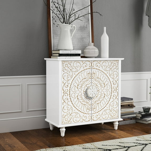 CBJCBJ 32" Rustic Accent Cabinet, 4 Gold Floral Doors, Vintage Sideboard with Shelves, Wood Entryway Cabinet for Living, White