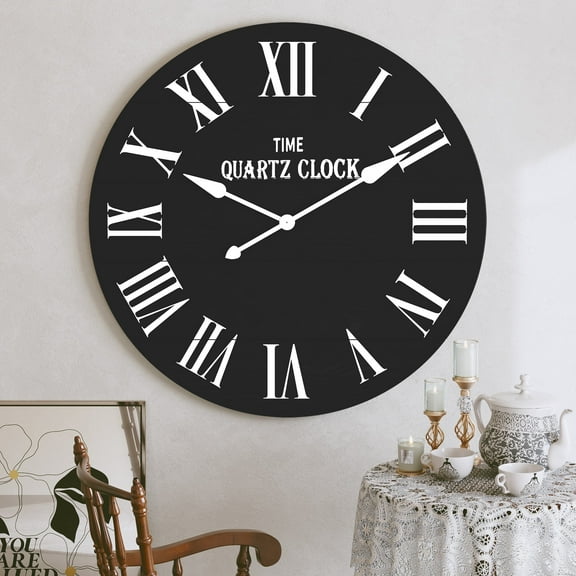 CBJCBJ 35.5” Farmhouse Large Shiplap Round Wall Clock with Roman Numeral for Living Room Decor, Black
