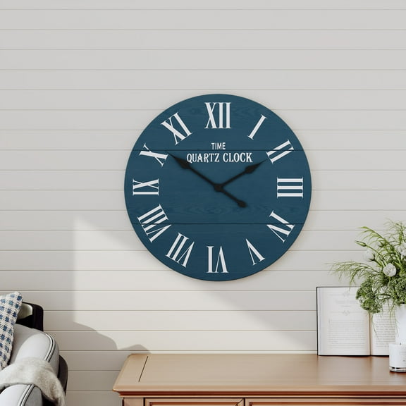 CBJCBJ 35.5” Farmhouse Large Shiplap Round Wall Clock with Roman Numeral for Living Room Decor, Blue