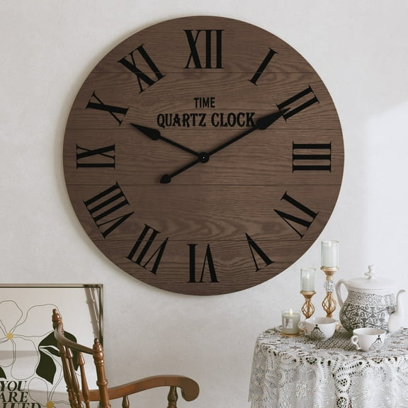 CBJCBJ 35.5” Farmhouse Large Shiplap Round Wall Clock with Roman Numeral for Living Room Decor, Brown