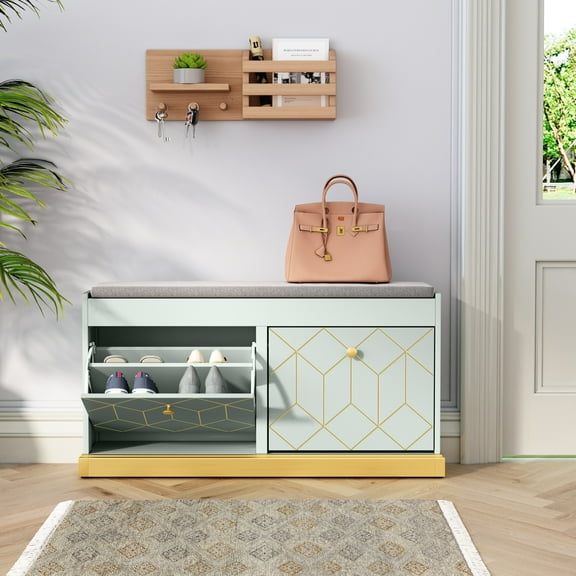 CBJCBJ 39"W Multifunction Suitable Shoe Bench with Soft Cushion and 2 Drawers for Entryway, Green