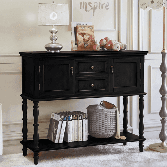 CBJCBJ 42" Farmhouse Console Table , 2 Drawer Narrow Long Entryway Table with Open Storage Shelf , for Living Room, Black
