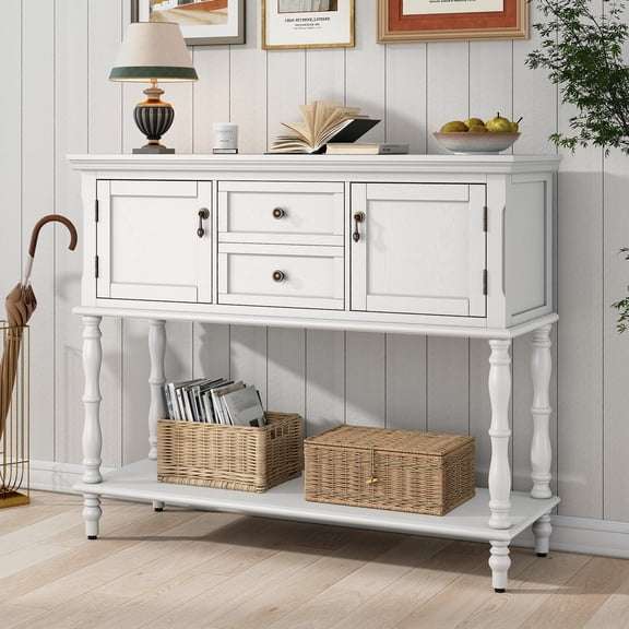 CBJCBJ 42" Farmhouse Console Table , 2 Drawer Narrow Long Entryway Table with Open Storage Shelf , for Living Room, White