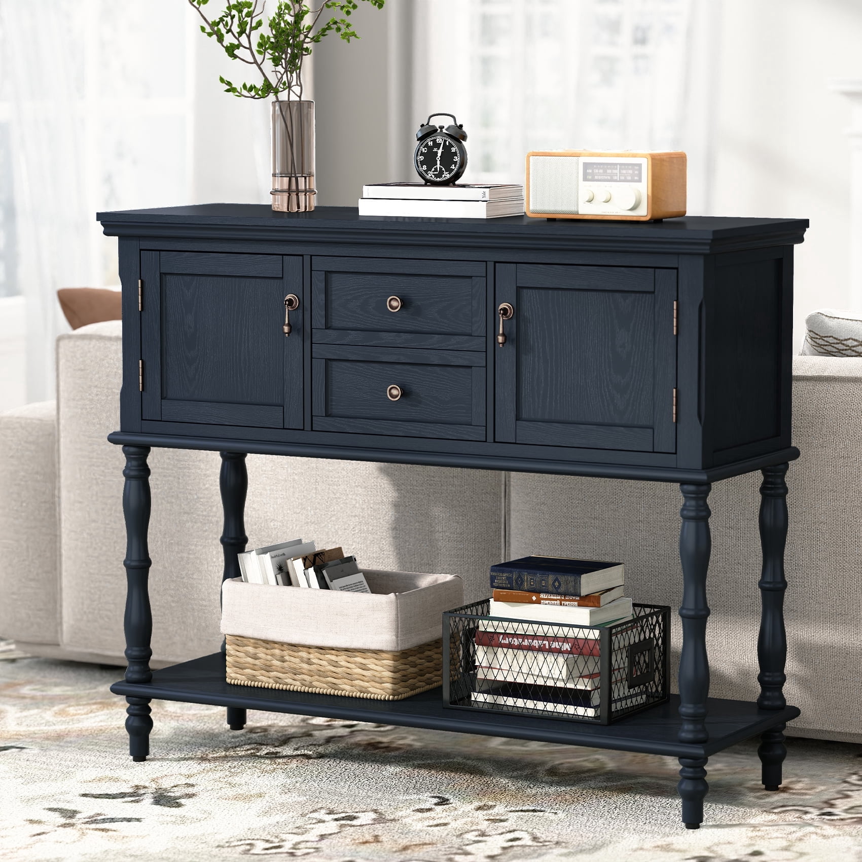 CBJCBJ 42" Farmhouse Console Table , 2 Drawer Narrow Long Entryway Table with Open Storage Shelf , for Living Room, Blue