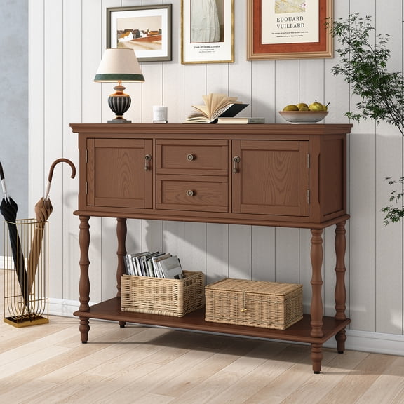 CBJCBJ 42'' Farmhouse Console Table , 2 Drawer Narrow Long Entryway Table with Open Storage Shelf , for Living Room,Brown