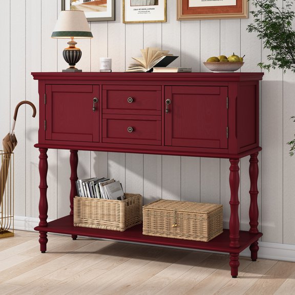CBJCBJ 42" Farmhouse Console Table , 2 Drawer Narrow Long Entryway Table with Open Storage Shelf , for Living Room,Red
