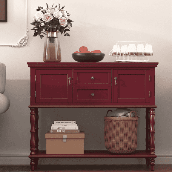 CBJCBJ 42" Farmhouse Console Table , 2 Drawer Narrow Long Entryway Table with Open Storage Shelf , for Living Room,Red