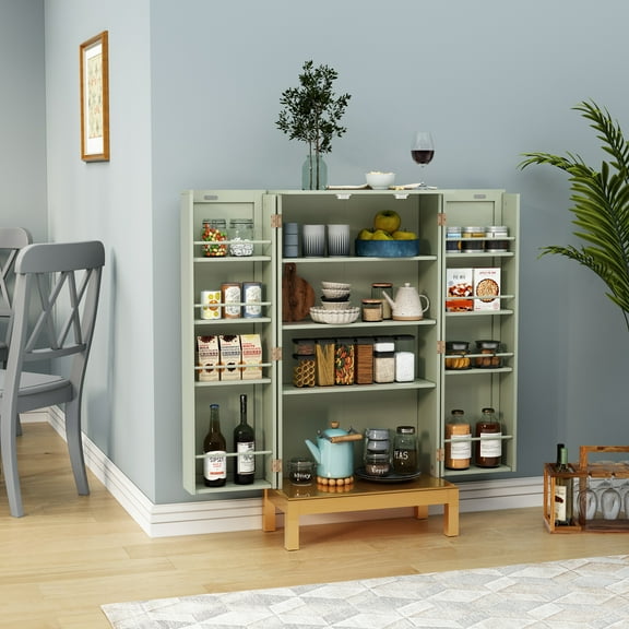 CBJCBJ 45"H Modern Kitchen Pantry Cabinet with 2-Door Adjustable Shelves and Golden Feet, Green