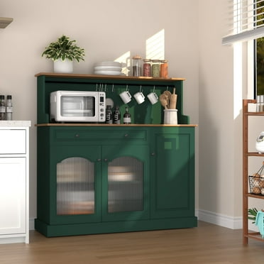 CBJCBJ 48" Modern Wood Kitchen Pantry Cabinet, Coffee Bar with Drawer & Microwave Stand, Dining Room,Green