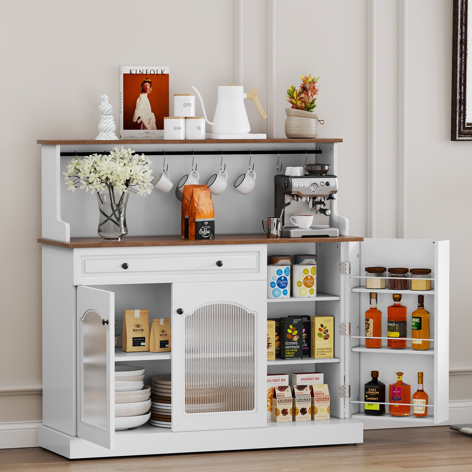 CBJCBJ 48“ Modern Wood Kitchen Pantry Cabinet with Coffee Bar, Drawer & Microwave Stand,White