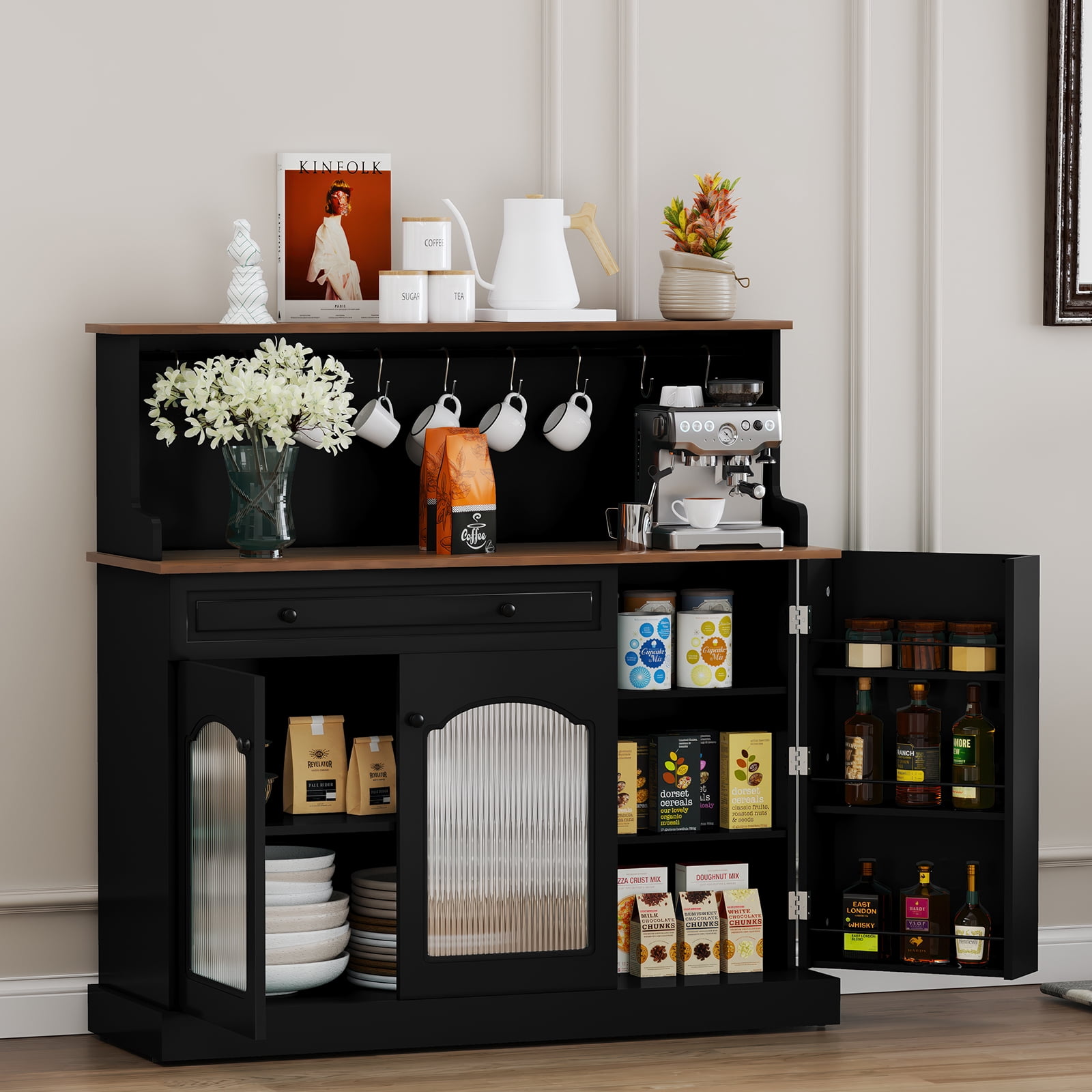 CBJCBJ 48“ Modern Wood Kitchen Pantry Cabinet with Coffee Bar, Drawer & Microwave Stand,Black