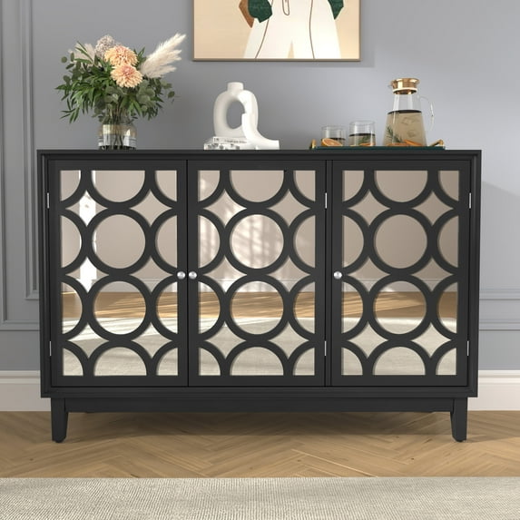 CBJCBJ 47.24"W Kitchen Accent Storage Cabinet with 3 Mirror Doors and Storage for Living Room, Black