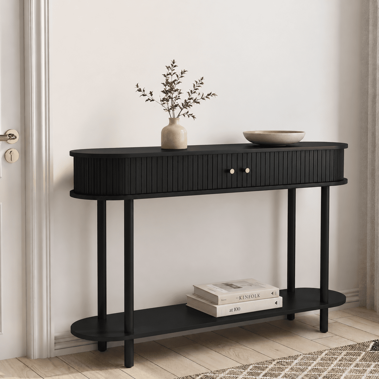 CBJCBJ 47.5" Console Modern Entryway Table with Wood Tambour Door Sofa Console &Storage Shelf for Hallway, Living Room（Black）