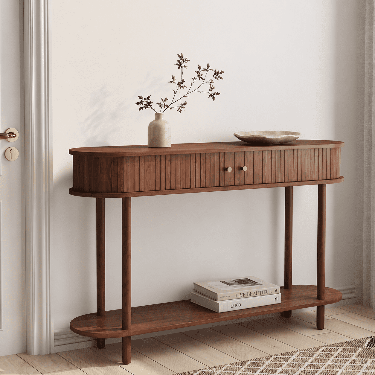 CBJCBJ 47.5" Console Modern Entryway Table with Wood Tambour Door Sofa Console &Storage Shelf for Hallway, Living Room（Brown）
