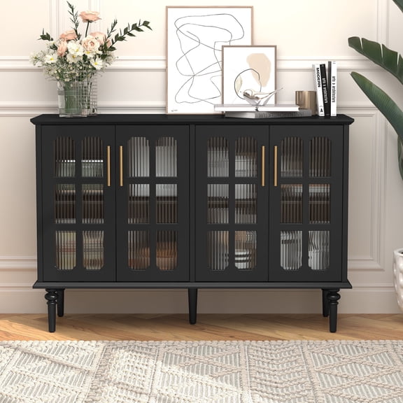 CBJCBJ 47.6" Credenzas & Sideboards with 4 Lattice Glass Door and Adjustable Shelves, Black