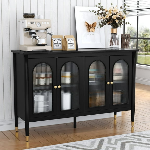 CBJCBJ 47.6" Storage Cabinets with 4 Arched Glass Doors, Side Board Buffet Cabinet for Living Room, Black