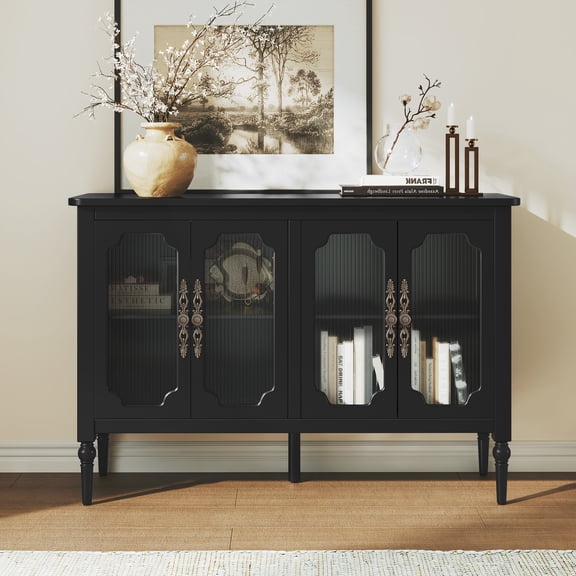 CBJCBJ 47" Retro 4 Door Buffet & Bar Cabinet, Sideboard Storage Cabinet for Dining Room, Black