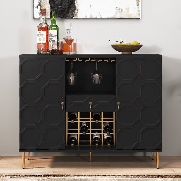 CBJCBJ 47” Wine Bar Cabinet with Cupboard, Modern Coffee Bar Cabinet with Storage, for Dining Room,Black