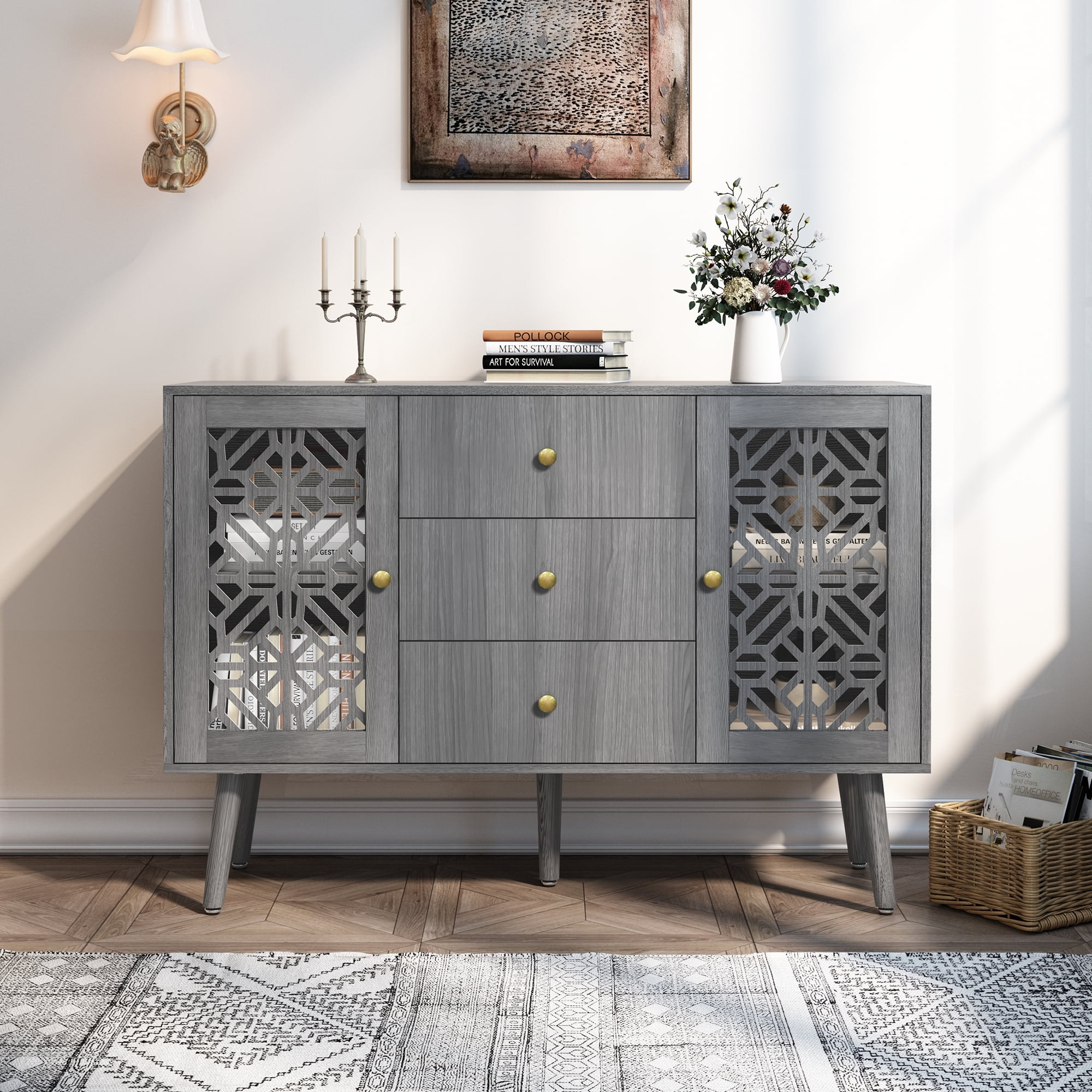 48" Grey Hollow Carved MDF Sideboard Buffet Cabinet with Drawers