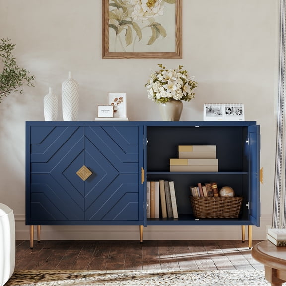 CBJCBJ 48" Modern Accent Sideboard Buffet Cabinet with 4 Doors & Shelves, Credenza for Living Room Storage,Blue