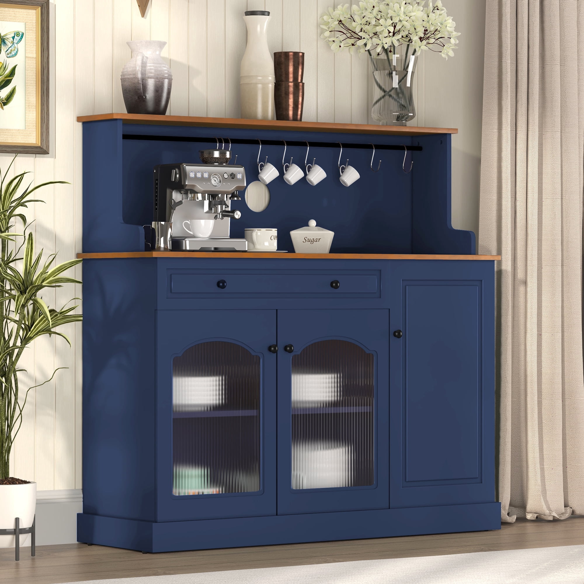 CBJCBJ 48" Modern Wood Kitchen Pantry Cabinet, Coffee Bar with Drawer & Microwave Stand, Dining Room,Blue