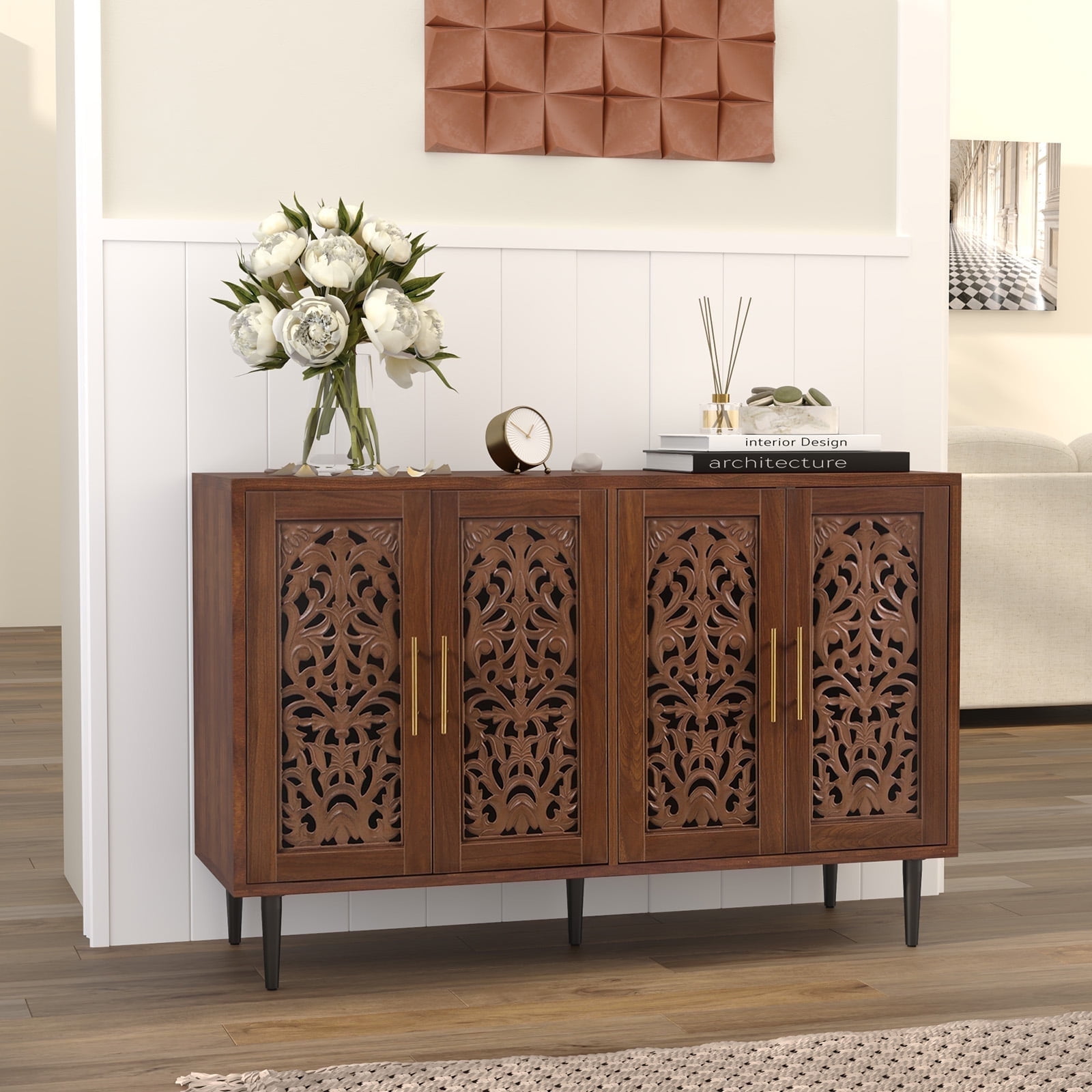 CBJCBJ 48″ Retro Storage Cabinet with 4 Doors, Hollow Carved Buffet ...