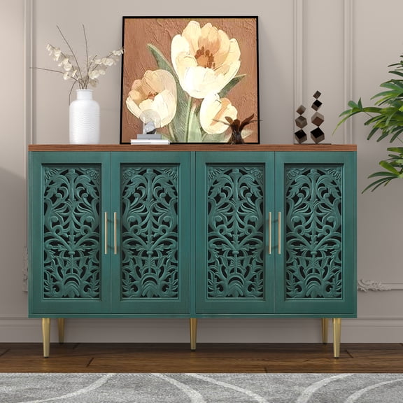 CBJCBJ 48″ Retro Storage Cabinet with 4 Doors, Hollow Carved Buffet Hutch for Living Room, Kitchen, Dining & Entryway, Vintage Decorative Organizer (GREEN)