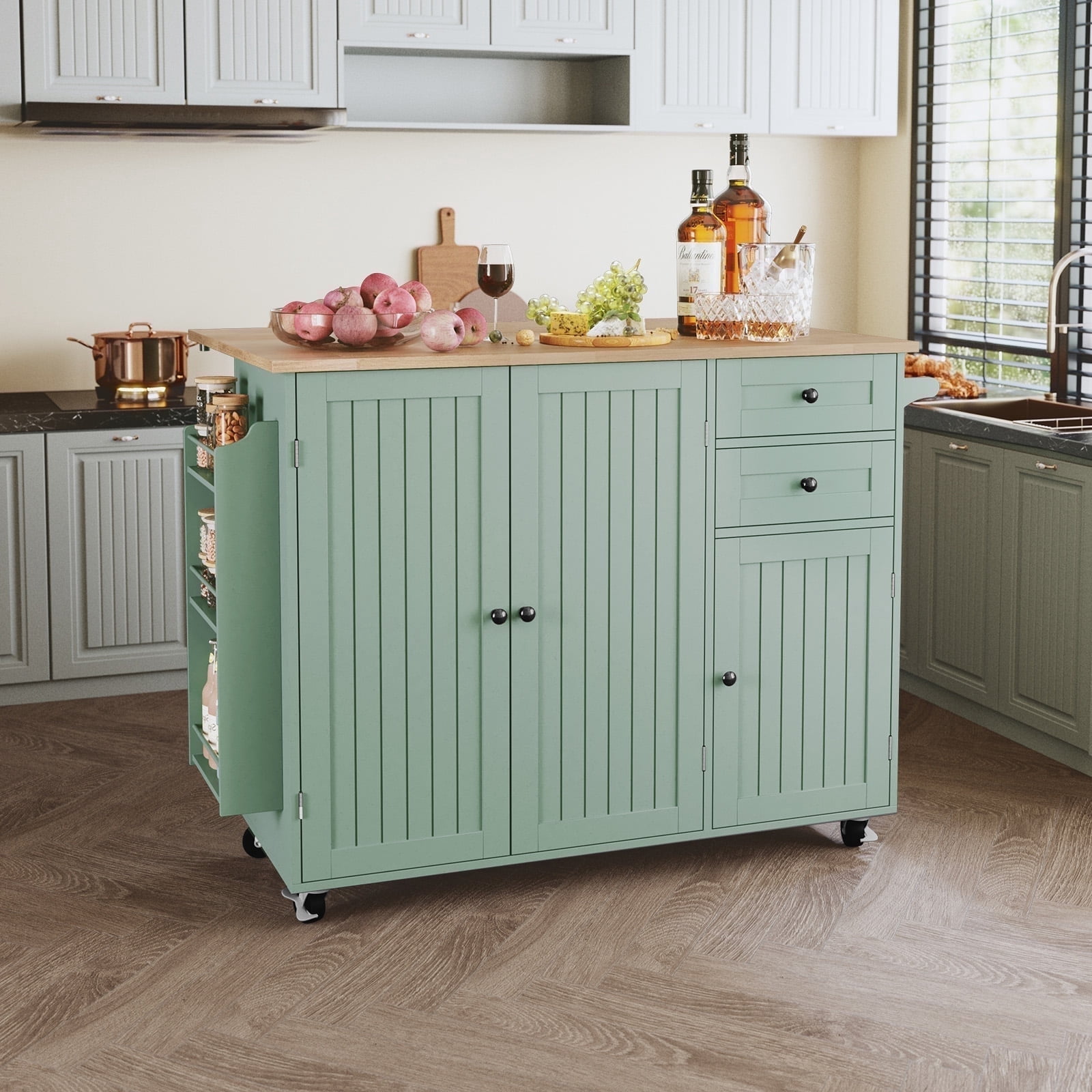CBJCBJ 50.4" Kitchen Island with Storage, Wood Top Cart with Drop Leaf and Wheels, Green