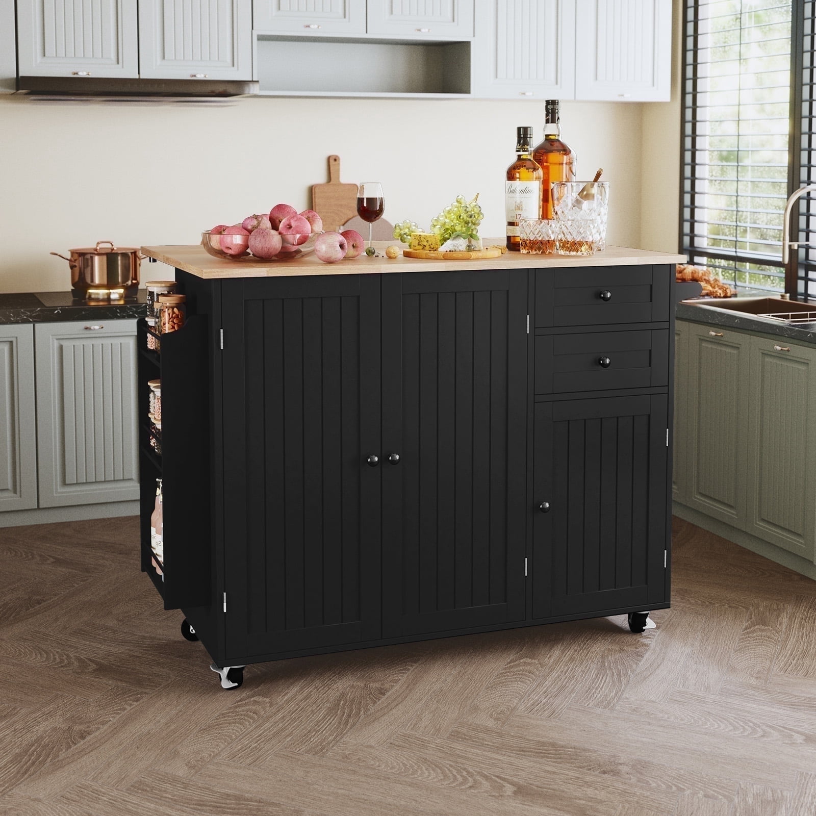 CBJCBJ 50.4" Kitchen Island with Storage, Wood Top Cart with Drop Leaf and Wheels, Black