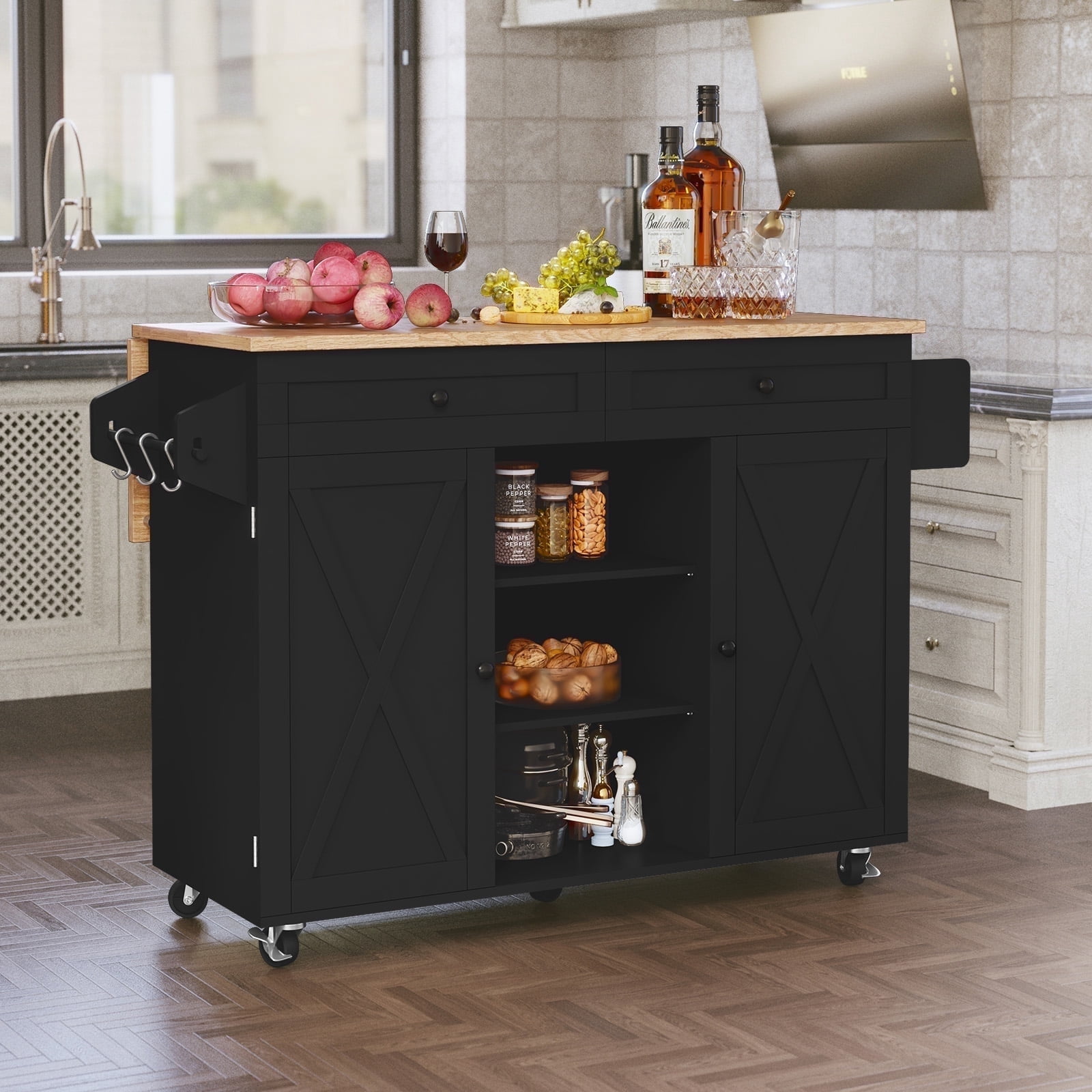CBJCBJ 51.7" Rolling Kitchen Island Foldable, Adjustable Shelf & 2 Storage Doors - Mobile Kitchen Cart, Breakfast Bar with Storage (Black)