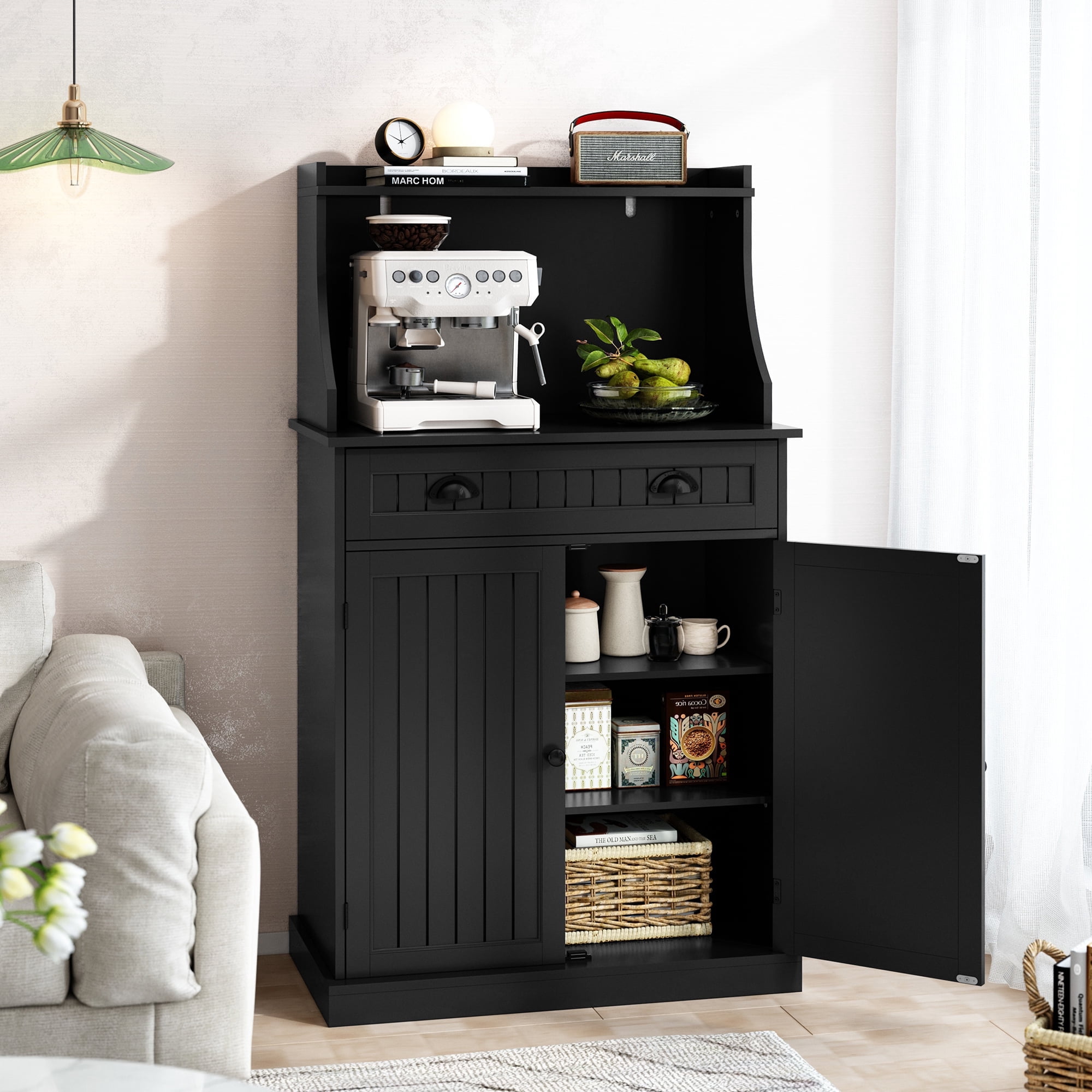 CBJCBJ 54" Kitchen Pantry Cabinet with Door & Shelves, Sideboard Buffet Cabinet with Microwave Stand for Dining Room, Black
