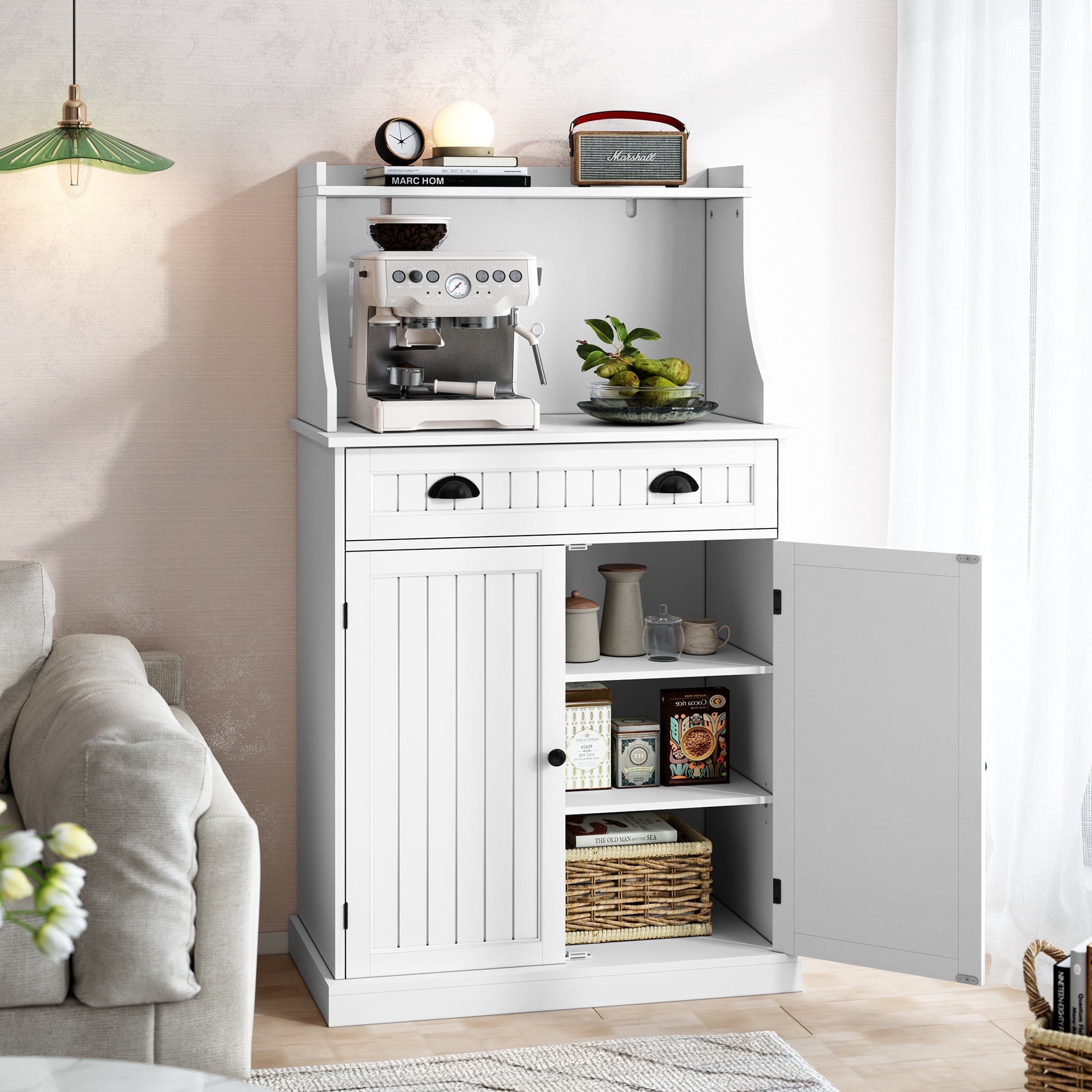 CBJCBJ 54" Kitchen Pantry Cabinet with Door & Shelves, Sideboard Buffet Cabinet with Microwave Stand for Dining Room, White