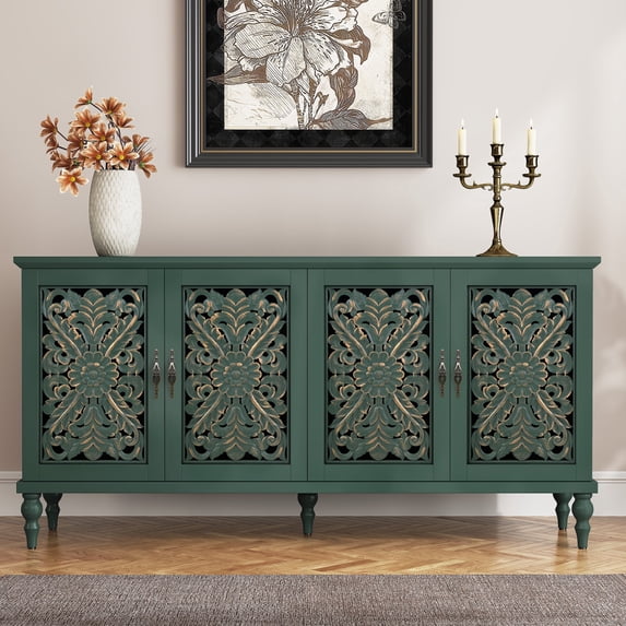 CBJCBJ 63" Mid Century Retro Sideboard Buffet Cabinet 4 Door, Accent Cabinet for Dining Room,Green