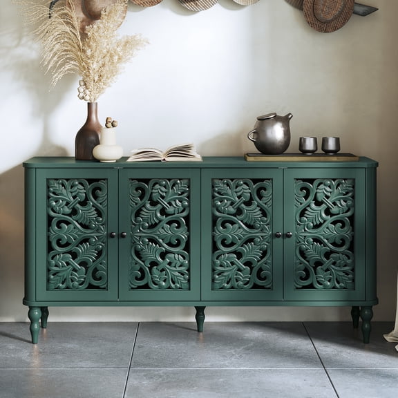 CBJCBJ 63" Retro Arc Carved Sideboard Buffet Cabinet, Wooden Credenza Storage for Dining Room, Green