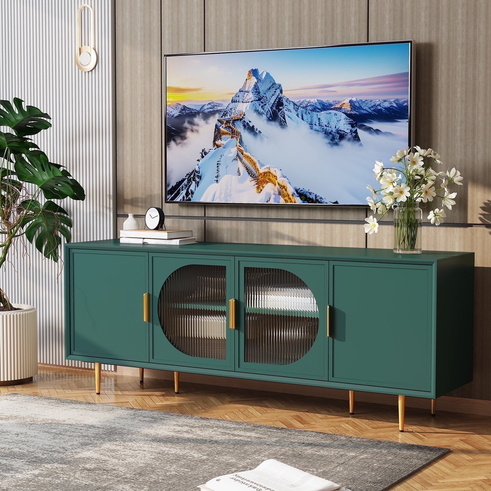 CBJCBJ 66" TV up to 75" Stand for Living Room, Entertainment Center with Glass Storage Cabinet,Green