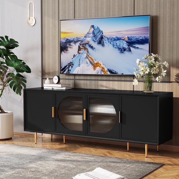 CBJCBJ 66" TV up to 75" Stand for Living Room, Entertainment Center with Glass Storage Cabinet,Black