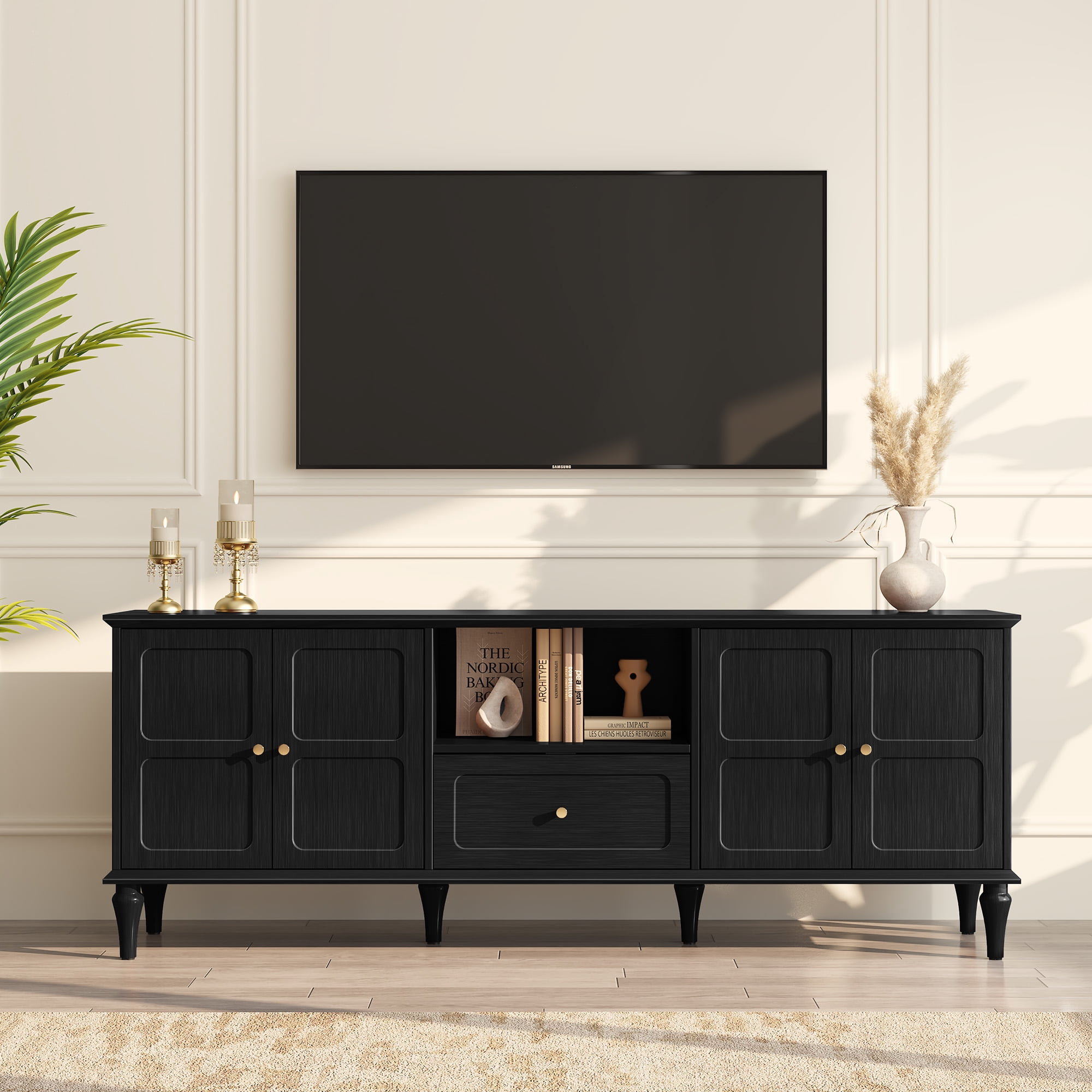 CBJCBJ 67"Mid-Century Modern TV Stand with Storage and Adjustable Partition , Media Console for TVs up to 75", Black